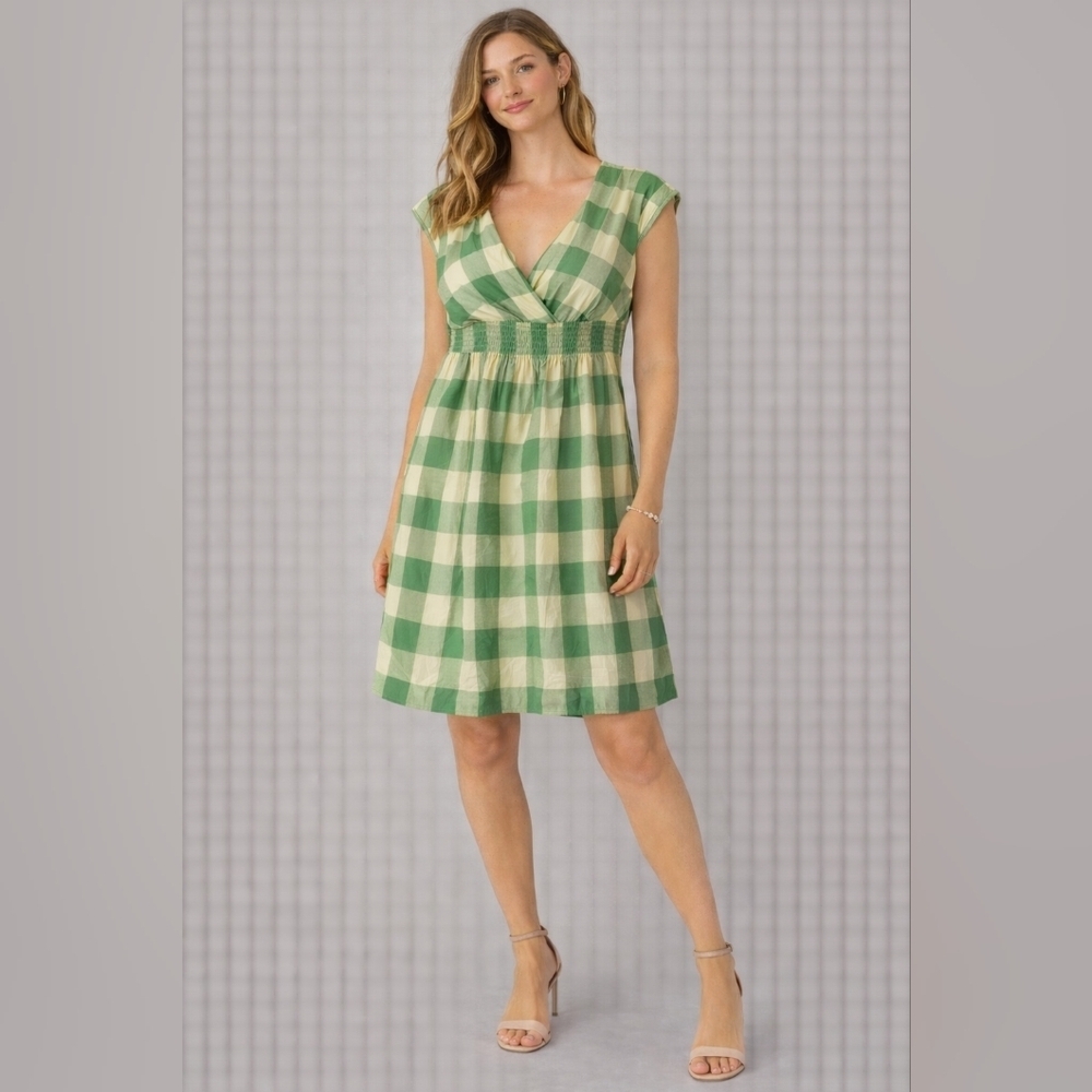 Tibi New York Garden Picnic Plaid Green Empire Cotton Silk Dress Sz  6